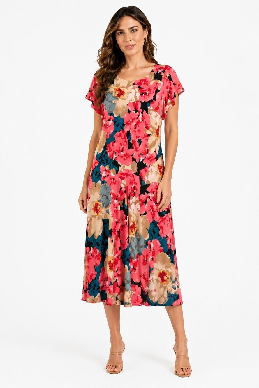 Emma Blake Midi Dress Womens 10 Pink Floral Drop Waist Colorful Boho Cottage